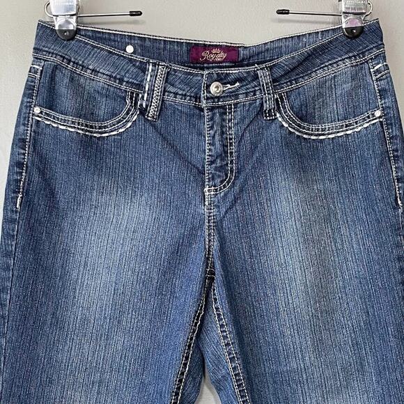 Royalty YMI Size 10 Blue Jean Denim Capris Bling Button Flap Pockets Y2K - Picture 3 of 15